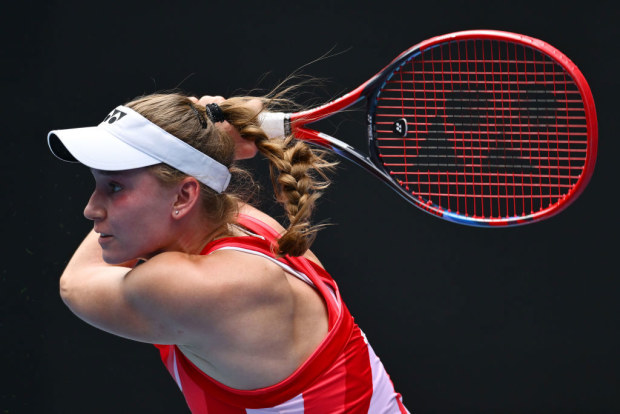 Elena Rybakina of Kazakhstan plays a backhand against Madison Keys of the United States.
