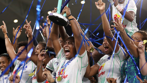 Bitila Tawake and Fijiana Drua celebrating their Super W victory.