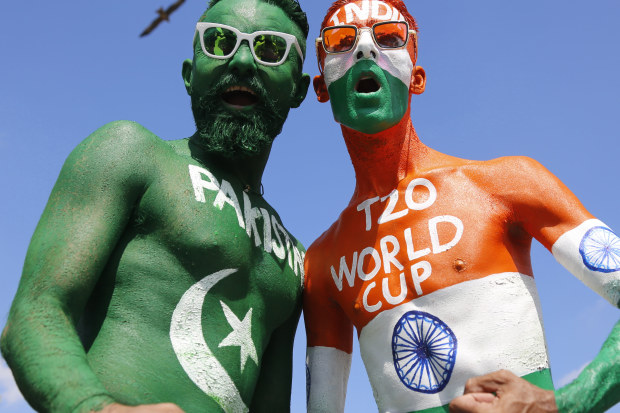 A Pakistani cricket fan (left) and an Indian supporter showing their passion.