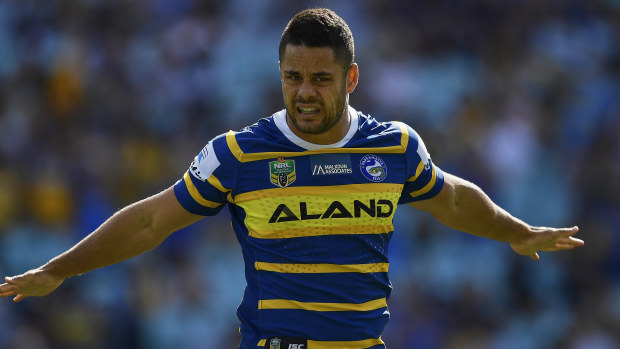 Jarryd Hayne in Parramatta colours during his last NRL season in 2018.