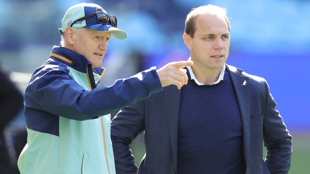 Joe Schmidt of the Wallabies speaks to Phil Waugh.