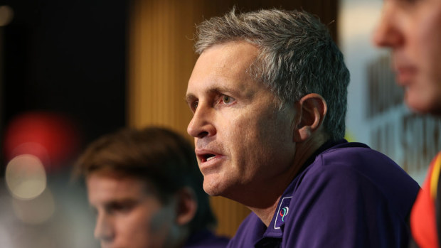 Justin Longmuir, head coach of the Dockers talks after the All Stars match.