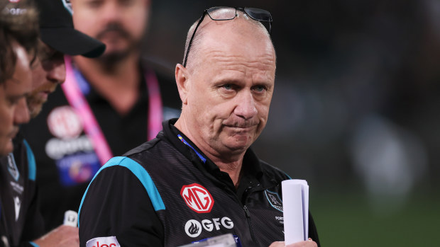 ADELAIDE, AUSTRALIA - SEPTEMBER 16: Ken Hinkley, Senior Coach of the Power during the 2023 AFL Second Semi Final match between the Port Adelaide Power and the GWS GIANTS at Adelaide Oval on September 16, 2023 in Adelaide, Australia. (Photo by James Elsby/AFL Photos via Getty Images)