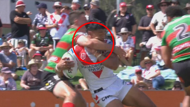 Lewis Dodd was sinbinned at half time for this high shot on Sione Finau during the Charity Shield.