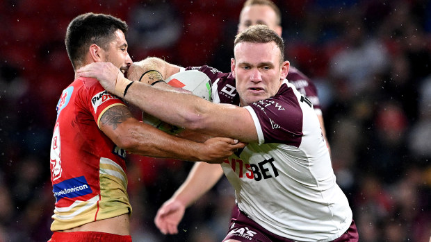 Matt Lodge takes a hit-up for Manly in 2024.