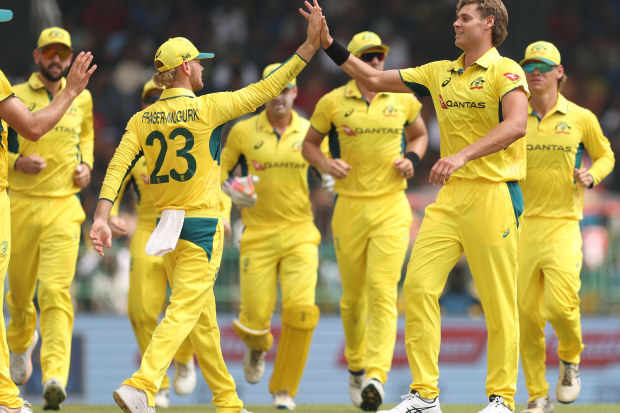 Spencer Johnson (right) and Jake Fraser-McGurk celebrate after a Sri Lankan wicket falls.