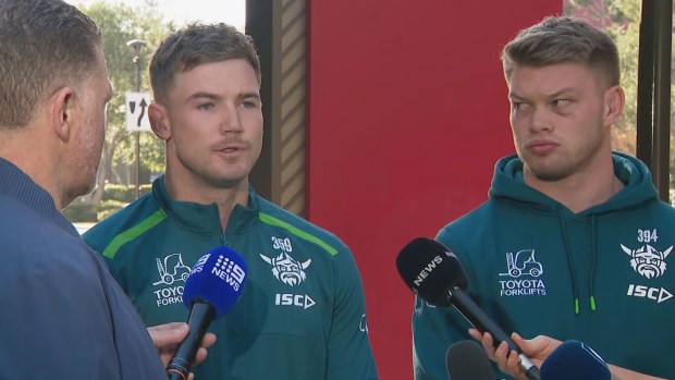 Hudson Young and Morgan Smithies at a press event in Las Vegas.