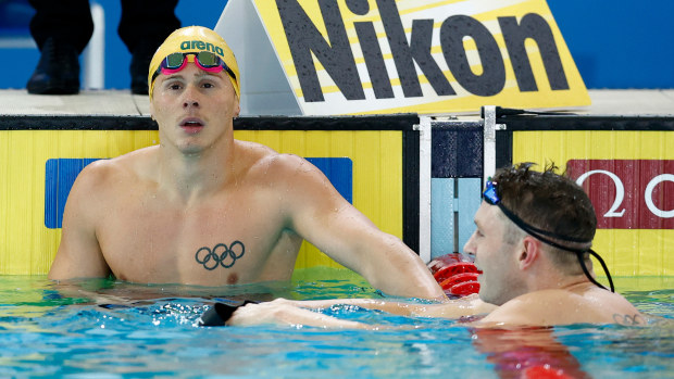 Isaac Cooper of Australia reacts in the Men's 50m Backstroke Final, which was then stopped due to a false start, on day four of the 2022 FINA World Short Course Swimming Championships at the Melbourne Sports and Aquatic Centre on December 16, 2022 in Melbourne, Australia. (Photo by Daniel Pockett/Getty Images)