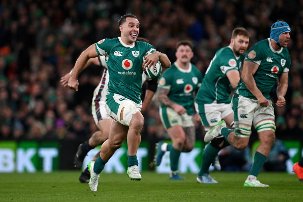 James Lowe of Ireland runs with the ball.
