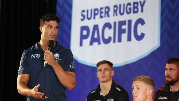 Joseph-Aukuso Suaalii of the Waratahs speaks during the 2025 Super Rugby season launch.