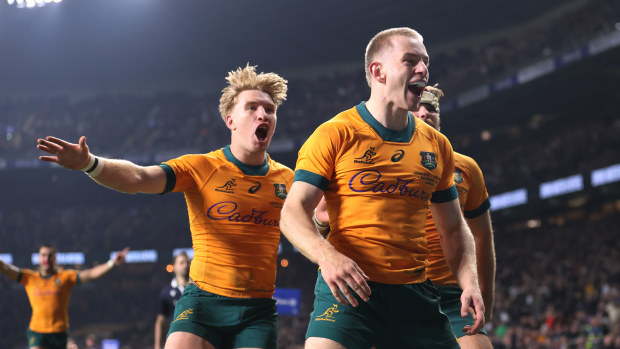 Max Jorgensen of Australia celebrates scoring.