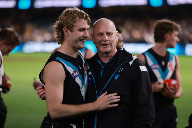 Jason Horne-Francis and Ken Hinkley celebrate Port Adelaide's semi-final win.