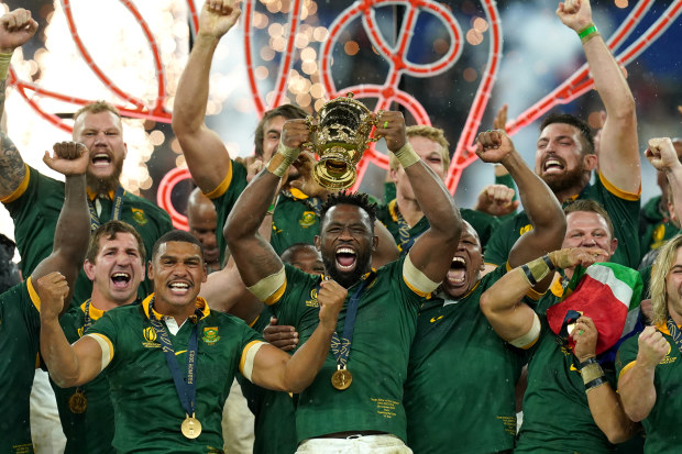 South Africa's Siya Kolisi lifts the Webb Ellis Cup with team-mates following victory in the Rugby World Cup 2023 final match at the Stade de France in Paris, France. Picture date: Saturday October 28, 2023. (Photo by David Davies/PA Images via Getty Images)