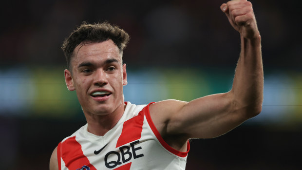 Caiden Cleary of the Swans celebrates kicking a goal during the round 23 AFL match between Essendon Bombers and Sydney Swans at Marvel Stadium, on August 16, 2024, in Melbourne, Australia. (Photo by Daniel Pockett/Getty Images)