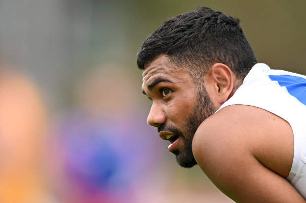 MELBOURNE, AUSTRALIA - MARCH 18: Tarryn Thomas of the Kangaroos looks on during the VFL Practice Match between North Melbourne and Williamstown at Arden Street Ground on March 18, 2023 in Melbourne, Australia. (Photo by Morgan Hancock/Getty Images)