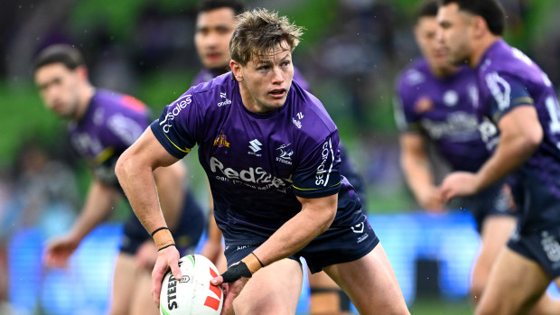 MELBOURNE, AUSTRALIA - SEPTEMBER 14: Harry Grant of the Storm warms up before the NRL Qualifying Final match between Melbourne Storm and Cronulla Sharks at AAMI Park on September 14, 2024 in Melbourne, Australia. (Photo by Quinn Rooney/Getty Images)
