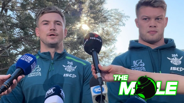 Hudson Young and Morgan Smith in front of the media in Vegas.