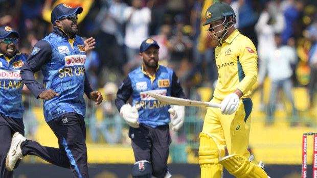 Jake Fraser-McGurk walks off after being dismissed by Sri Lanka.