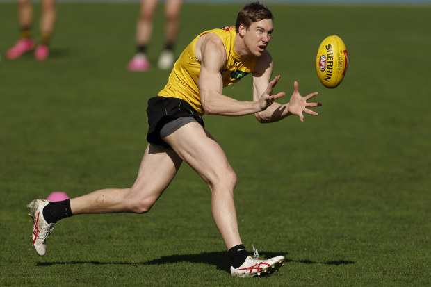 Tom Lynch of the Tigers looks on during pre season at Punt Road.