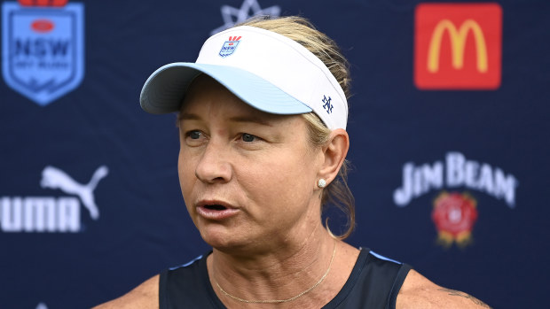 Blues coach Kylie Hilder speaks to media.