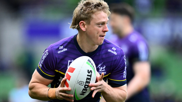 Tyran Wishart of the Storm warms up before the NRL Qualifying Final match between Melbourne Storm and Cronulla Sharks at AAMI Park on September 14, 2024 in Melbourne, Australia. (Photo by Quinn Rooney/Getty Images)