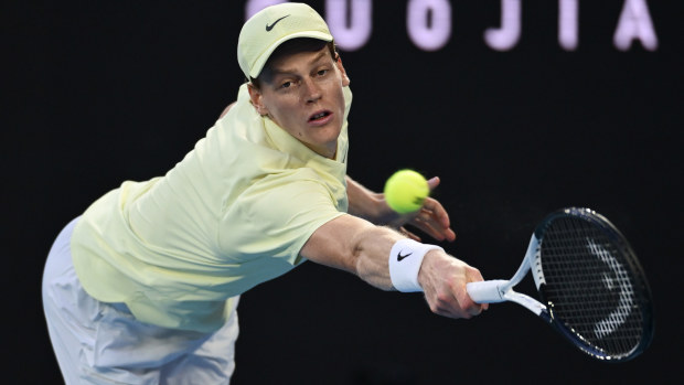 Jannik Sinner of Italy plays a backhand against Alexander Zverev of Germany in the Men's Singles Final during day 15 of the 2025 Australian Open at Melbourne Park on January 26, 2025 in Melbourne, Australia. (Photo by Quinn Rooney/Getty Images)