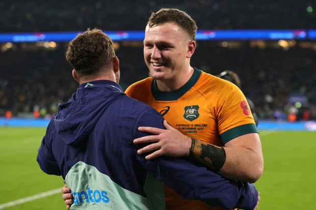 Harry Wilson, the captain of Australia, celebrates following their victory in the Autumn Nations Series 2024 match against England.