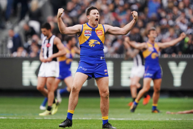 Jeremy McGovern celebrating as the West Coast Eagles triumph in the 2018 AFL grand final.