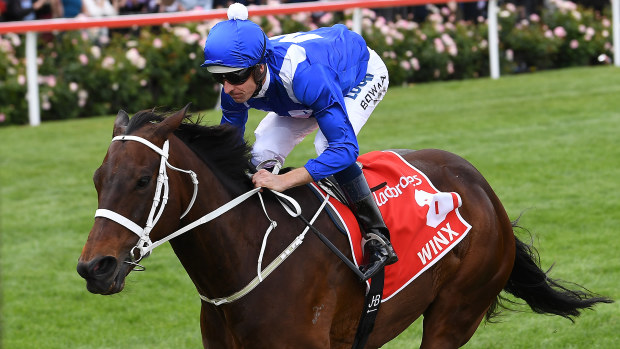 Hugh Bowman riding Winx to victory.