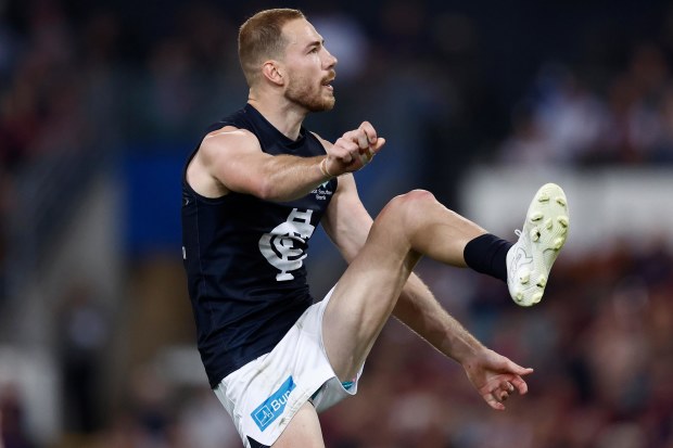 Harry McKay of the Blues kicks a goal during the 2024 season.