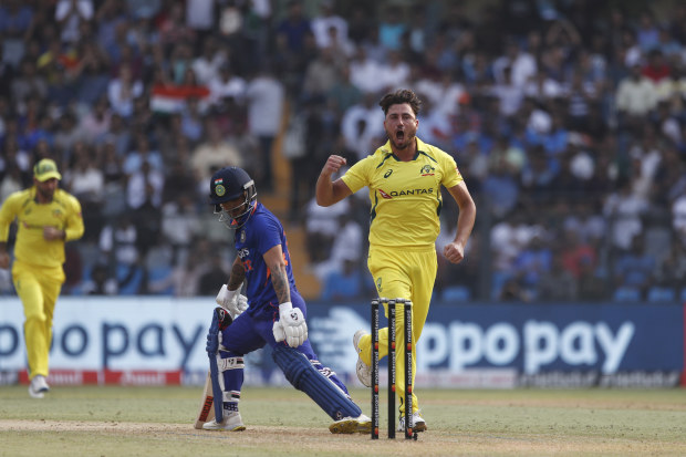 Marcus Stoinis in action during the 2023 ODI World Cup in India.