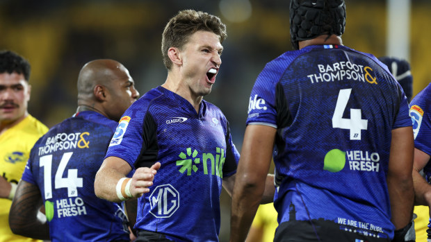 Beauden Barrett of the Blues celebrates the win.