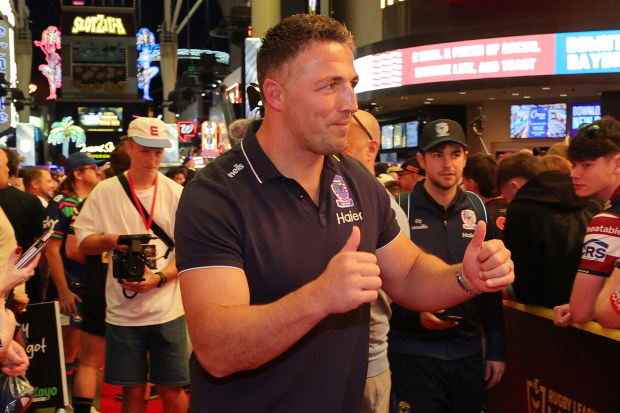 Warrington Wolves coach Sam Burgess greets fans during a fan event at the Fremont Street Experience on February 27, 2025, in Las Vegas, Nevada. (Photo by Ethan Miller/Getty Images)