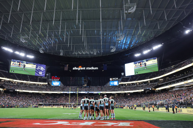 LAS VEGAS, NEVADA - MARCH 01: Sharks players react after a Panthers try during round one of the NRL at Allegiant Stadium in Las Vegas. (Photo by Ethan Miller/Getty Images)