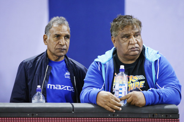 MELBOURNE, AUSTRALIA - MAY 25: Kangaroos legends Jim and Phil Krakouer are seen during the round 10 AFL match between the Western Bulldogs and the North Melbourne Kangaroos at Marvel Stadium on May 25, 2019 in Melbourne, Australia. (Photo by Michael Dodge/Getty Images)