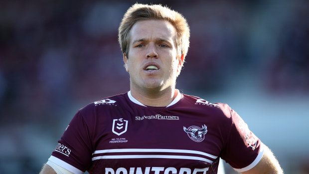 Jake Trbojevic warms up ahead of the round 18 NRL match between Manly Sea Eagles and Sydney Roosters.