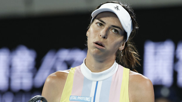 Ajla Tomljanovic of Australia reacts after losing to Diana Shnaider in the second round.