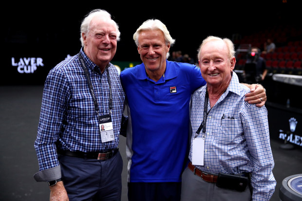 From left: Fred Stolle, Bjorn Borg and Rod Laver in Chicago in 2018.