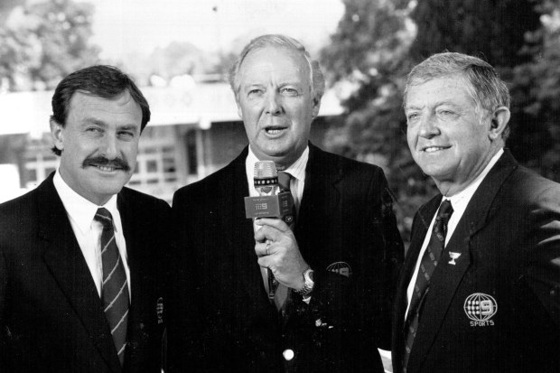 From left: John Newcombe, Fred Stolle and Tony Trabert commentating for Nine at Wimbledon in 1990.