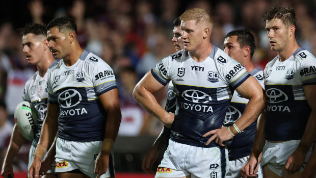 Griffin Neame and his Cowboys teammates look stunned during their round-one match against the Sea Eagles.