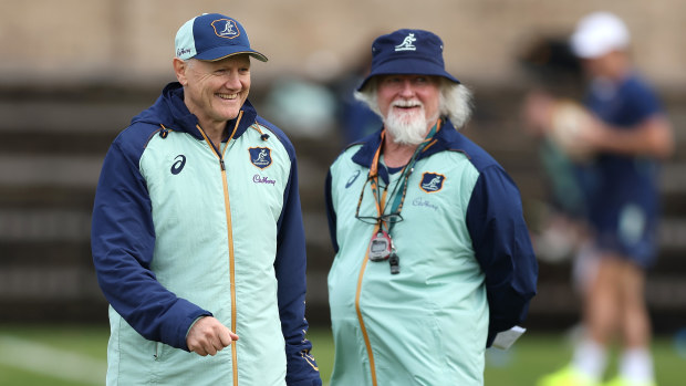 Wallabies coach Joe Schmidt and assistant Laurie Fisher at David Phillips Sports Complex.