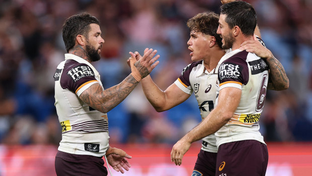 From left: Adam Reynolds, Ben Hunt and Reece Walsh of the Broncos.