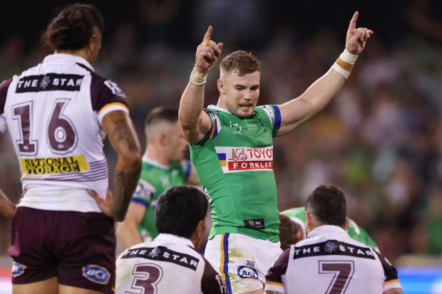 Hudson Young of the Raiders celebrates victory.