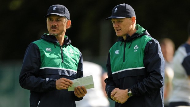 Ireland coach Joe Schmidt and assistant Les Kiss talk tactics in 2015.