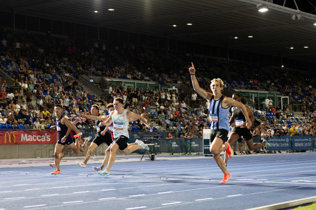 Josh Azzopardi celebrates his win in the 100m dash in Sydney.