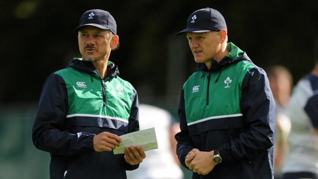 Ireland coach Joe Schmidt and assistant Les Kiss discuss tactics in 2015.