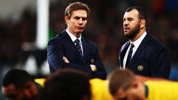 Stephen Larkham and Michael Cheika of the Wallabies in 2017 in Dunedin.
