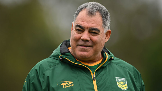 Kangaroos Coach Mal Meninga looks on during a Australia Kangaroos training session.