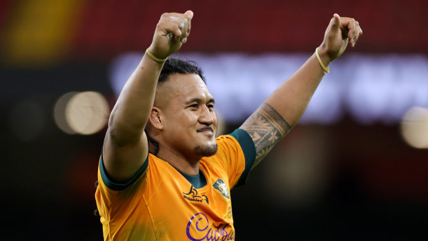 Brandon Paenga-Amosa of Australia celebrates victory after defeating Wales.