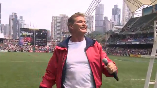 Baywatch star David Hasselhoff serenades the Hong Kong Sevens crowd in 2016.
